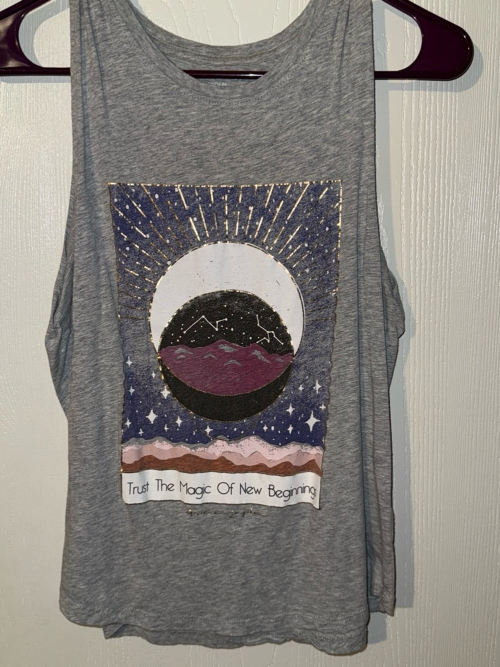 Gray Graphic Tank Top with Night Sky Moon Design